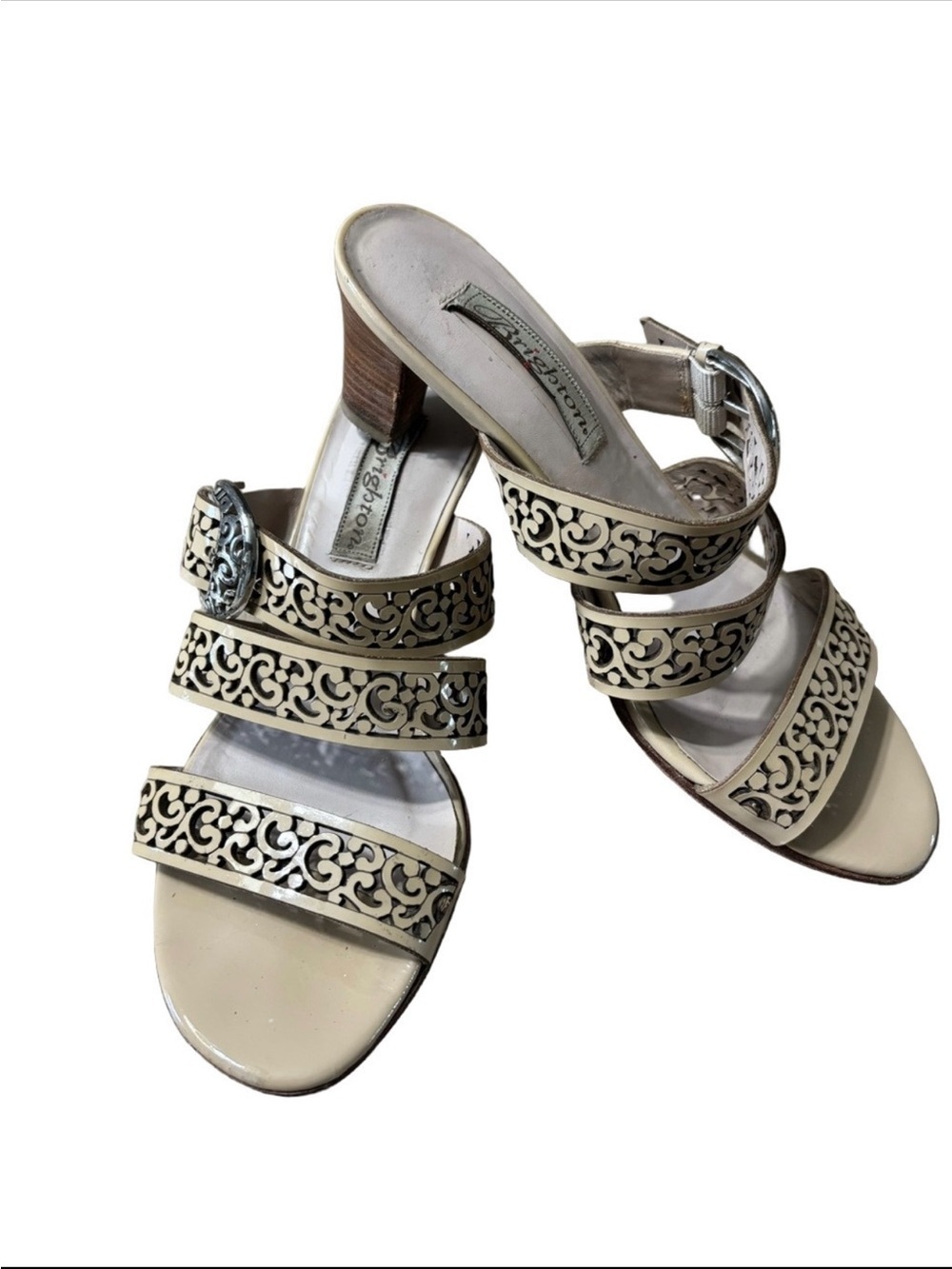 Brighton Cream Patent Leather cut out Strappy Heels with Silver Brighton buckle